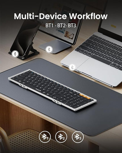 ProtoArc Foldable Bluetooth Keyboard, XK01 Full-Size Portable Keyboard for Travel, 105 Keys, 0.65" Keycaps, Multi-Device Sync for iPad Tablet Smartphone Laptop PC Windows iOS Android, Black Silver