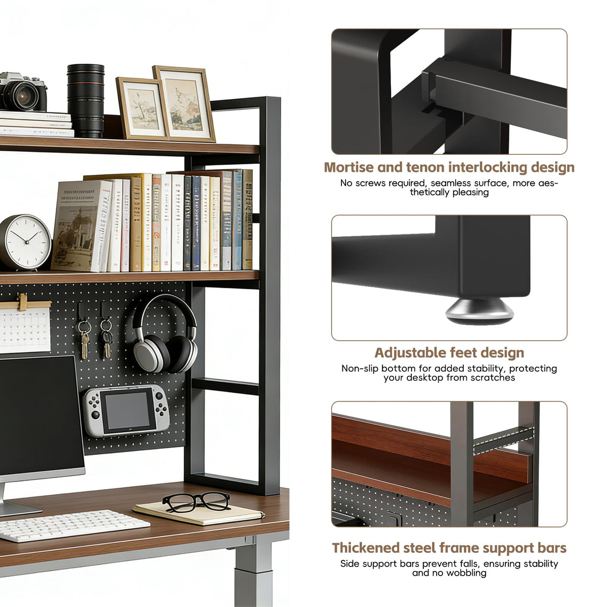 LINLIUA 2/3/4 Tier Desk Hutch, Metal Desk Shelf with Pegboard, Desk Shelves for Top of Desk, Freestanding Desktop Bookshelf, Desktop Shelf Organizer Display Rack for Dorm Office and Home