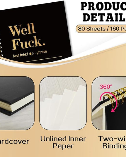 YAZMEEN Well Fxxk Black Gold Spiral Notebook（160 Pages） Well Fxxk Definition Blank Hardcover Notebook Office Gag Gift Journal Funny Sarcastic Saying Gift for Employee Coworker Boss Leader Office Work