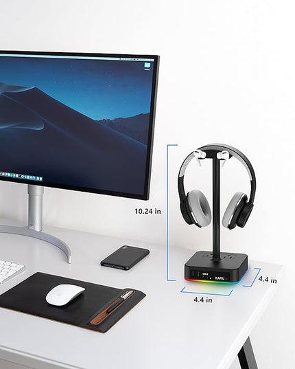 KAFRI RGB Headphone Stand with USB A&C Charger Desk Gaming Headset Holder Hanger Rack with 3 USB Charging Port and 2 Outlet - Suitable for Gamer Desktop Table Game Earphone Accessories Boyfriend Gifts