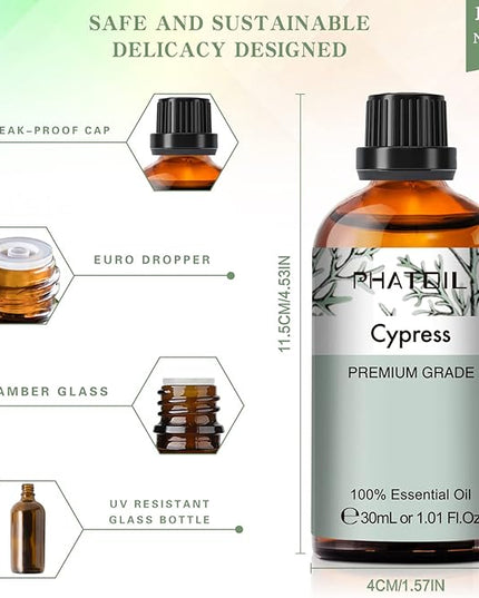 Cypress Essential Oil, 1.01Fl.Oz (30ML) PHATOIL Pure Essential Oil Singles for Aromatherapy Diffusers, Humidifiers, Great for DIY Candle and Soap Making, Gift for Friend