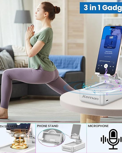 JTEMAN Portable Phone Stand with Speaker Bluetooth Wireless,Gifts for Men Women,Birthday for Women,Kitchen Gadgets for Men,Phone Holder for Desk - White