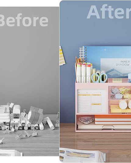 Marbrasse Desk Organizer with 3 Drawer, Multi-Functional Pencil Pen Holder for Desk, Desk Organizers and Accessories with 4 Compartments, Desktop Organizer Storage for Office Home Art Supplies (Pink)