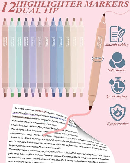 54Pcs Aesthetic School Supplies Set with Large Pastel Pencil Case 12 Dual Tip Highlighters, 6 Gel Pens, 5 Black Pens, 5 Mechanical Pencils (0.5-2.0mm) for Students Stationary College Essentials Gifts