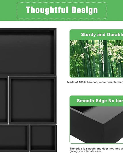 Black Bamboo Bathroom Drawer Organizer, Wooden Kitchen Utensil Holder Set of 5, Stackable Junk Drawer Organizer Tray, Multi-Use Storage Bins Boxs Dividers for Home, Office, Clothing, Makeup, Jewelry