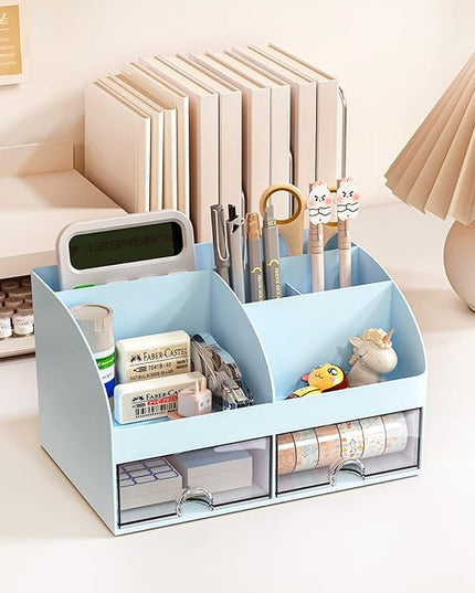 Desk Organizer with 6 Compartments and 2 Drawers, Plastic Makeup Organizer, Pen Holder for Desktop Storage, Desk Organization for School, Home, Office Supplies (Blue)