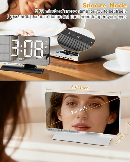 SZELAM Digital Clock,Alarm Clock Bedside,7.3'' Large LED Mirror with Date Display,Dual Alarm with 3 Mode,Brightnee Adjust,DST,Snooze Function,USB C Charging Port,5 Levels Volume for Desk Bedroom Teens