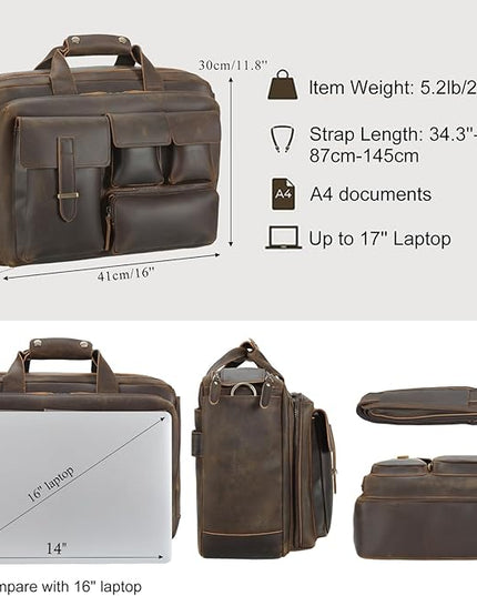 TIDING Full Grain Leather Briefcase For Men 17 Inch Laptop Case Business Travel Office Messenger Shoulder Bag