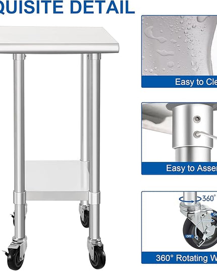 HARDURA Stainless Steel Commercial Table Prep & Work Table with Casters Heavy Duty Metal Table with Wheels NSF 430 24×18 Inches