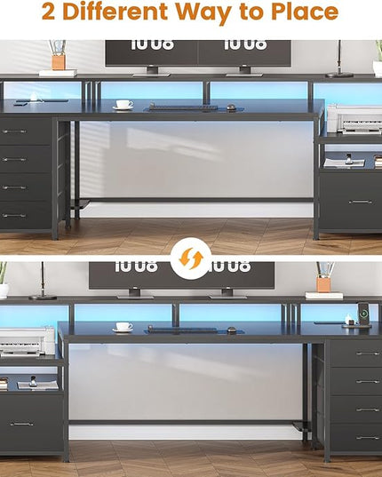 SEDETA 75'' Computer Desk with 5 Drawer, Power Outlet & Led Lights, Home Office Desk with File Drawer, Storage Shelves, Printer Cabinet and Monitor Shelf, 23.6" W Large Desktop Gaming Desk, Black