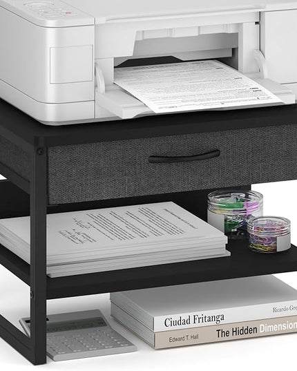 MARTY Printer Stand with Storage Drawer for Desk, 2-Tier Desktop Printer Stand Shelf Organzier for Home Office Printer Riser Under Desk Small Printer Table for Fax Machine Copier Scanner (Black)