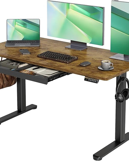 Claiks Standing Desk with Drawers, 55x24 Inch Electric Adjustable Height Sit Stand Up Desk Computer Workstation, Rustic Brown