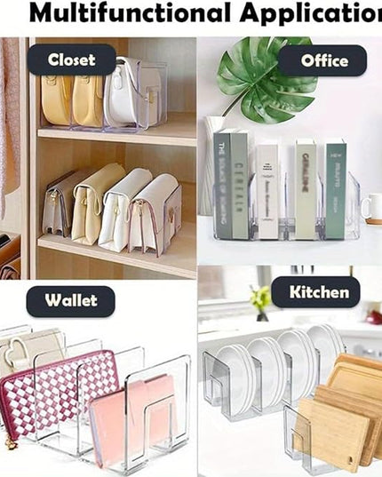4PCS 3 Sections (Wide 4.2inch) Acrylic Wallet Organizer for Closet, Handbag Storage, Book, Bag, Desktop File, Desktop Accessories Organizer (Clear)