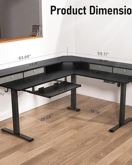 L Shaped Standing Desk with USB Charging Port & 4 Drawers,63 x 55 inch Electric Adjustable Height Corner Stand Up Desk with Keyboard Tray & Storage,Sit Stand Computer L Table for Gaming Office