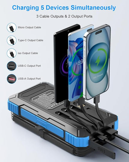 Solar Charger Power Bank 49800mAh with 4 Built-in Cables & 3 Foldable Panels, PD22.5W Fast Portable Phone Charger, External Battery Pack with USB-C in/Output & Flashlight for Outdoor Camping