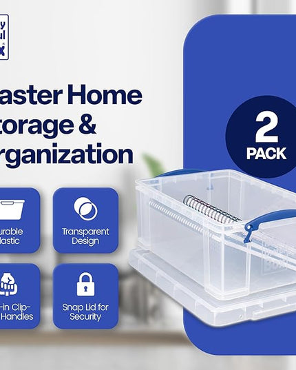 Really Useful Box 9 Liter Plastic Storage Bins with Lids and Clip Lock Handles for Home or Office Organization and Storage (2 Pack)