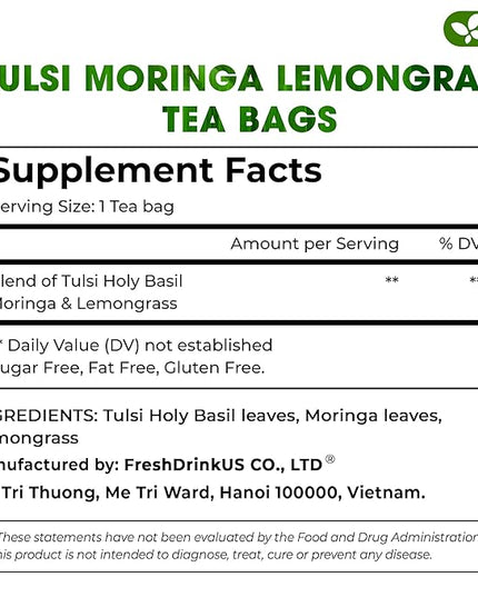 FreshDrinkUS, Premium 55 Tea Bags Tulsi Moringa Lemongrass, 100% Natural & Pure from Tulsi Holy Basil Leaves, Moringa & Lemongrass. Made with Natural Material Tea Bags. No Sugar, No Caffeine, Vegan.