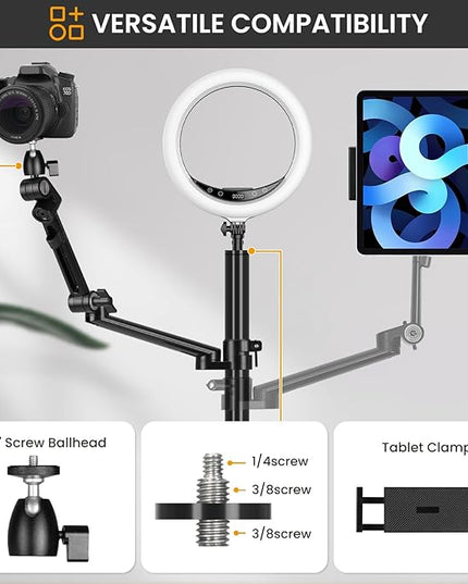 TARION Camera Arm Desk Mount: Heavy Duty DSLR Desktop Mount Camera Stand with Tablet Holder Double C Clamp 1/4 3/8 Screw Adapter Articulating Arm for Selfie Streaming Videography TitanRig Lite Z