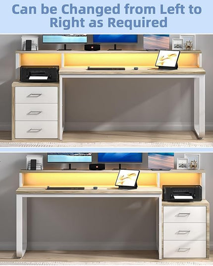Office Desk with 3 Drawers, 67 Inch Computer Desk with Long Monitor Stand & Printer Shelf, Reversible Long Desk with Storage Shelves & LED Light, White and Walnut