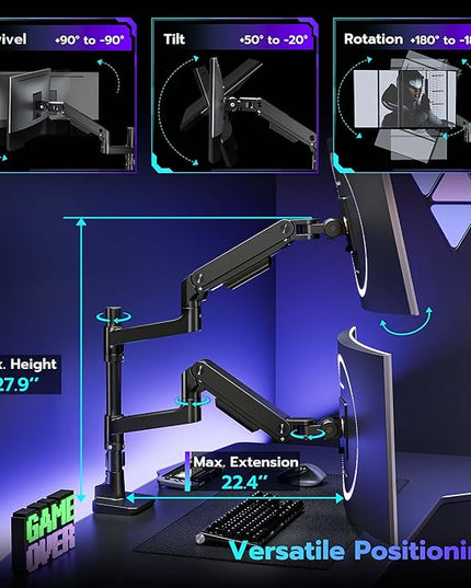 ARES WING Dual Monitor Arm Desk Mount for 17-49 Inch Ultrawide Monitors, Heavy Duty Dual Monitor Mount Holds 44 lbs, Full Motion Gas Spring Vertical Stacked Monitor Mount, 75/100 VESA Mount, Black
