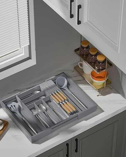 Bamboo-Silverware-Drawer-Organizer-Kitchen, Expandable Utensil Holder Cutlery Tray Flatware Organization Adjustable Wood Tableware Dividers Storage (with Removable Knife Block)(Grey)