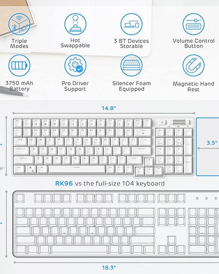 RK ROYAL KLUDGE RK96 90% Triple Mode BT5.0/2.4G/USB-C Hot Swappable Mechanical Keyboard with Magnetic Wrist Rest, 96 Keys Wireless Gaming Keyboard with Software, Blue Backlight