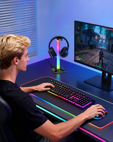 RGB Gaming Headset Stand, LED Headset Holder with 3 Charging Ports (2 USB & 1 Type-C) & 10 Lighting Modes, Headphone Stand Cool Stuff for Boys, Desk PC Gaming Accessories Gifts for Gamers Men Adult