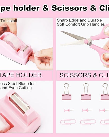 Desk Organizers and Accessories Set with 360-Degree Rotating Pen Holder, Tape Dispenser, Stapler, Staple Remover, 1000 Staples, Tape, Clips Set, Ruler, Scissor, Pen