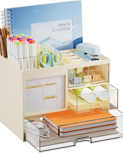 Marbrasse Desk Organizer with 3 Drawer, Multi-Functional Pencil Pen Holder for Desk, Desktop Organizer Storage for Office Home Art Supplies (Beige)