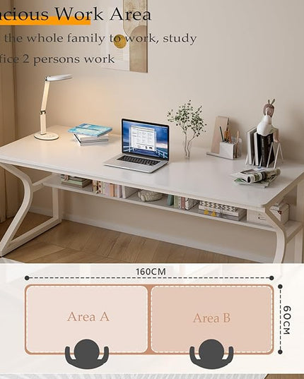 Extra Long Desk with Bookshelf - 63" Double Long Writing Table for 2-Person Workstation, Modern Study Work Computer Desk for Home and Office, Warm White