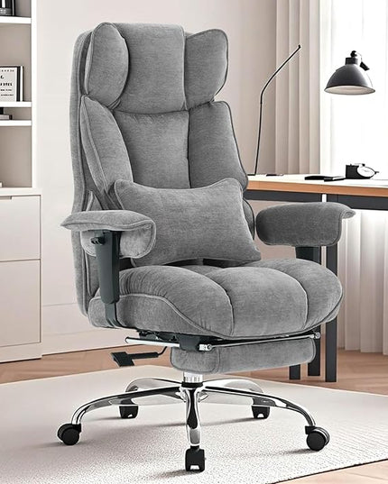 Efomao Executive Office Chair, Soft-Cushioned Computer Chair with Foot Rest, Fabric Home Office Desk Chairs, Big and Tall Office Chairs, Grey