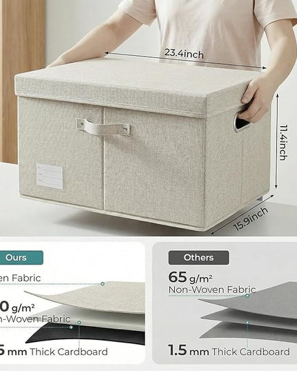 PRANDOM Storage Bins with Lids [3-Pack] Linen Fabric Foldable Storage Boxes Organizer Containers Baskets Cube with Cover Beige (23.4X15.9X11.4)