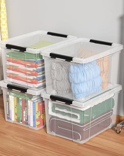 Set of 4 50 L Stackable Plastic Storage Container with Latching Lids and Wheels, Clear Home Garage Organization Bins Box, See-Through