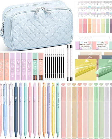 62PCS Aesthetic School Supplies with Cute Pencil Case, Pastel Highlighters Black Ink Gel Pens Mechanical Pencils Kit, Back to School Supplies College Essentials Preppy Stationary Set for Student Girls