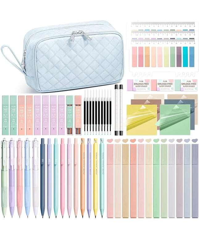 62PCS Aesthetic School Supplies with Cute Pencil Case, Pastel Highlighters Black Ink Gel Pens Mechanical Pencils Kit, Back to School Supplies College Essentials Preppy Stationary Set for Student Girls
