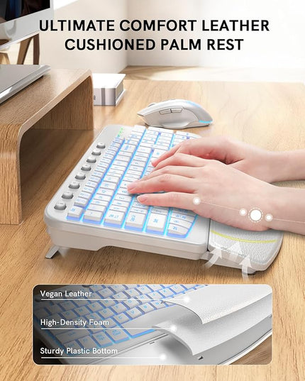 SABLUTE Ergonomic Wireless Keyboard and Mouse Combo - Wave Keyboard with Soft Leather Wrist Rest, Resistant Keys, RGB Backlit Rechargeable Set for PC/Mac/Chromebook (White)