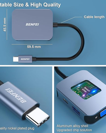 BENFEI USB C HUB 4-in-1, USB Type-C to HDMI VGA Adapter, USB C to USB Adapter, USB Type-C Power Delivery, Compatible with iPhone 15 Pro/Max, MacBook Pro/Air 2023, iPad Pro, iMac, S23, XPS 17