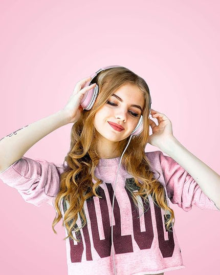 LORELEI X6 Over-Ear Headphones with Microphone, Lightweight Foldable & Portable Stereo Bass Headphones with 1.45M No-Tangle, Wired Headphones for Smartphone Tablet MP3 / 4 (Pearl Pink)