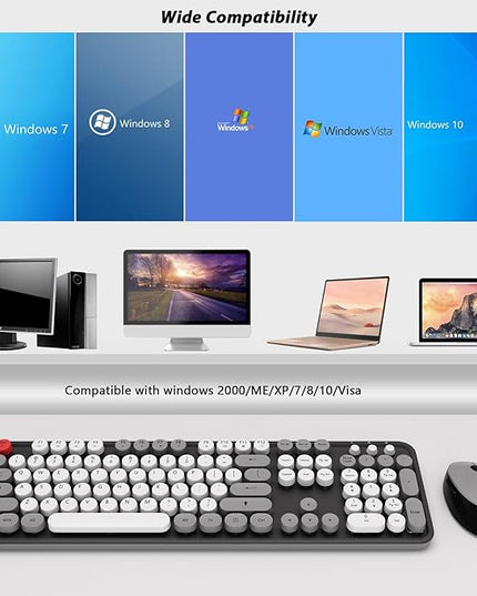 Wireless Keyboard and Mouse, KOOTOP Cute Keyboard and Mouse, 2.4G Wireless Keyboard with Retro Round Keycap for PC, Mac, Laptop,Tablet,Computer Windows (Grey)