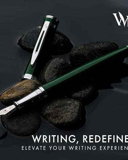 Wordsworth & Black Fountain Pen Set, Medium Nib, Includes 24 Pack Ink Cartridges, Ink Refill Converter & Gift Pouch, Chrome Finish, Calligraphy, [Racing Green], Perfect for Men & Women