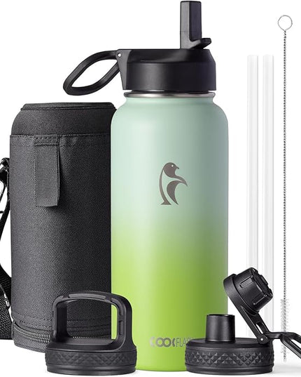 Water Bottle 32 oz Insulated with Straw, Coolflask Stainless Steel Metal 3 Lids Water Flask Wide Mouth for Sports or Office, Non-BPA Keep Cold Up to 48 Hrs or Hot Up to 24 Hrs, Ombre Green