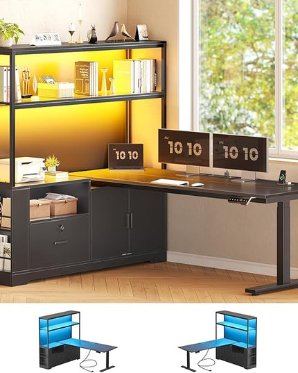 SEDETA 56.7" L Shaped Standing Desk, Reversible Computer Office Desk with Drawers & Hutch, Stand Up Corner Gaming Desks with LED Lights & Power Outlets for Home Office, Black