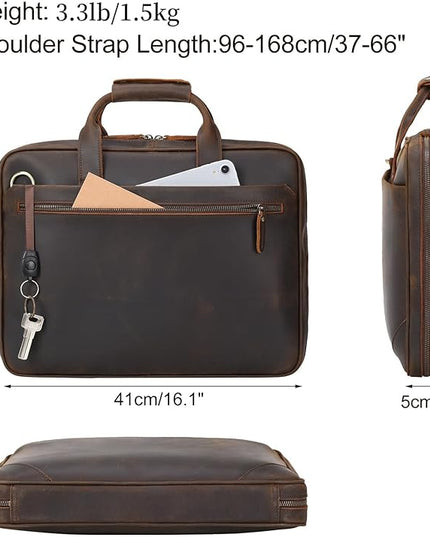Leather Slim Briefcase for Men 15.6" Laptop Crossbody Messenger Bag Business Work Lawyer Attache Case