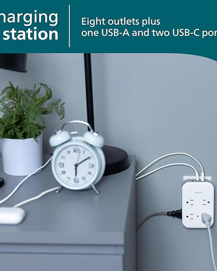 Philips All-in-One Surge Tap with USB, 4 Grounded & 4 Polarized Outlets, 2 USB-C & 1 USB-A Ports, 15W Shared, 1140 Joules, ETL Certified, White/Gray, SPP3155GW/37