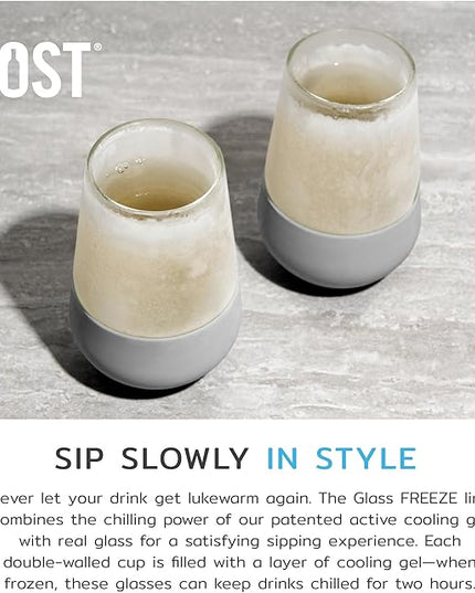 Host Wine Freeze Cooling Cups, Freezer Cups for Drinks, Insulated Tumblers Cool Wine Glasses Set of 2, 8.5oz in Gray