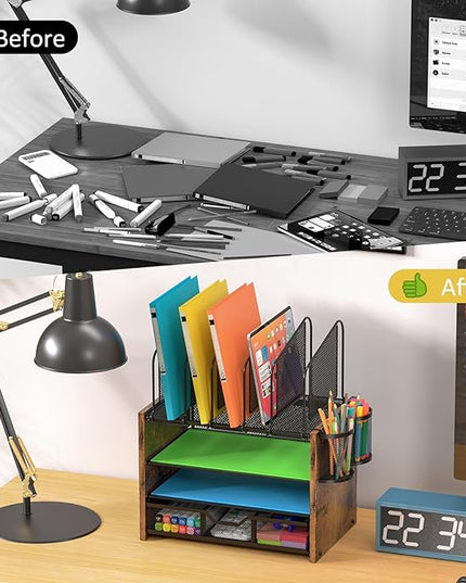 4-Tier Mesh Desk Organizer, Wooden Desk File Organizer with 5 Vertical File Holders and 2 Pen Holders, Desktop Organizers and Accessories with Drawer for Home Office