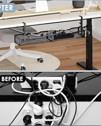Cable Management, 25'' Cable Management Under Desk No Drill, Metal Cord Organizer with Clamp for Standing Desk, Cable Organizer for Home Office, Black