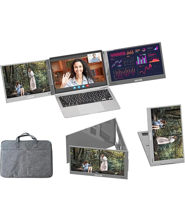 Arvitek 15.6 Inch Portable Laptop Screen Extender w/Bag, 1080P USB-C Triple Monitor w/Adjustable Stand for 11"-16" Laptop(Mac, Windows, Android)