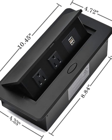 UL Listed Power Strip, Kungfuking Pop Up Power Cover Box Desktop Socket with Dual USB Charging Ports, Stainless Steel Receptacle Outlet for Conference Room Countertop (Black)