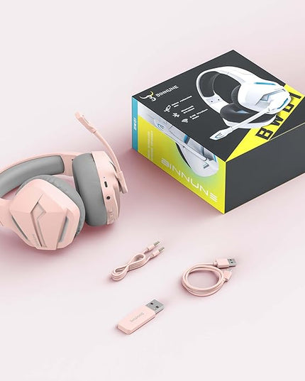 BINNUNE 2.4GHz Wireless Gaming Headset, Bluetooth 5.3 Gaming Headphones with Noise Canceling Mic, 120H Ultra-Long Battery, 50mm Drivers, Multi-Platform for PC / PS5 /PS4/ Switch/Mobile, Pink
